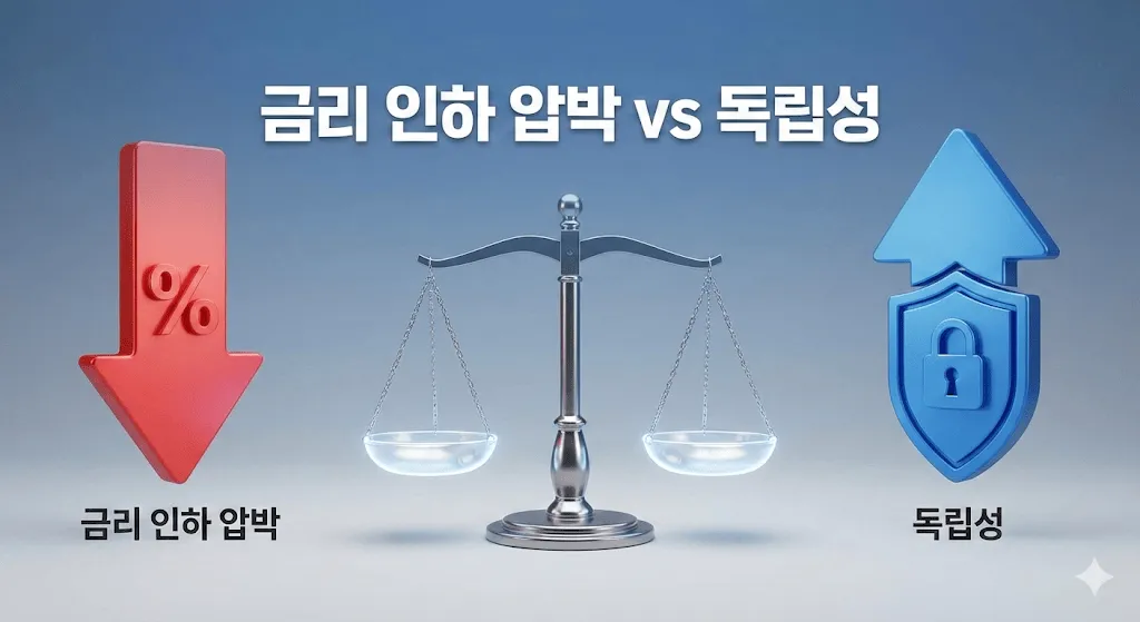 금리 인하 개념을 보여주는 3D 인포그래픽, 금리 인하 요구를 나타내는 빨간 하향 화살표와 독립성을 나타내는 파란 방패, 가운데 '금리 인하 압박 vs 독립성'이라는 한글 텍스트가 있는 저울