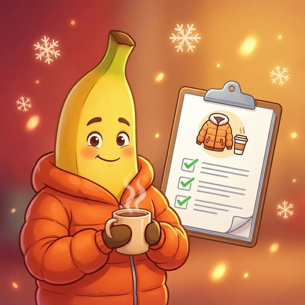 체크리스트와 겨울 코트, 따뜻한 음료 컵이 있는 디즈니 스타일 나노바나나 캐릭터