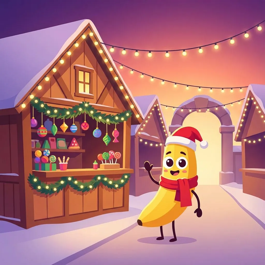 유럽풍 목조 부스와 조명이 있는 크리스마스 마켓 입구를 나타내는 디즈니 스타일 나노바나나 캐릭터