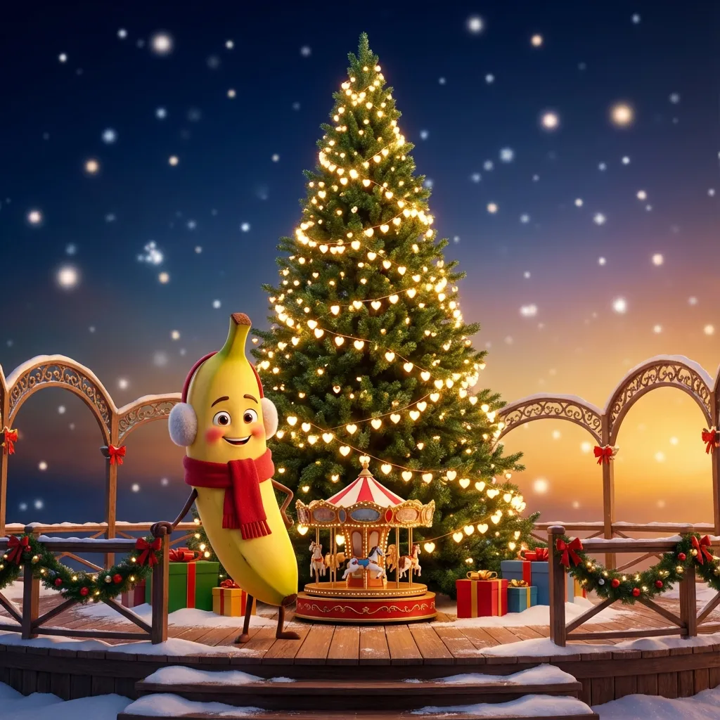 거대한 크리스마스 트리와 회전목마, 하트 모양 조명이 있는 디즈니 스타일 나노바나나 캐릭터
