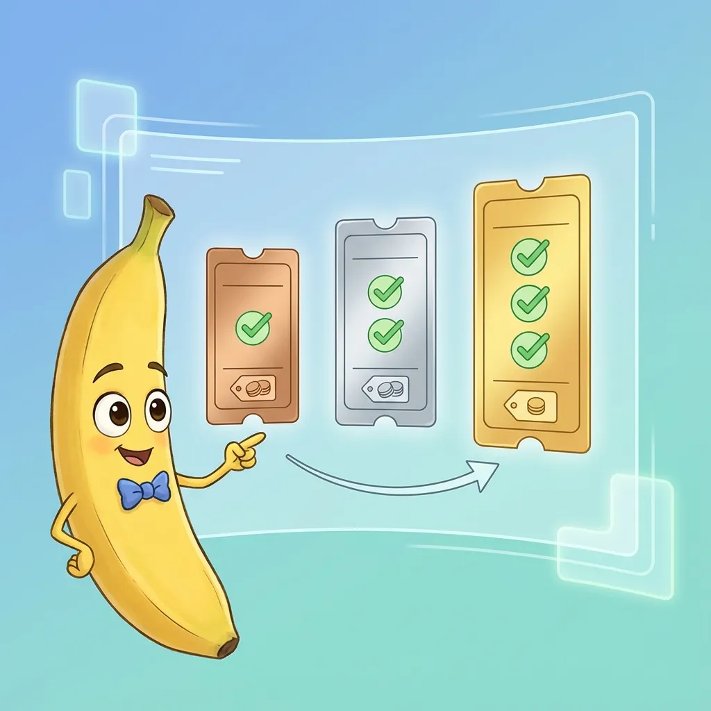 가격표와 체크마크가 있는 세 가지 다른 티켓을 비교하는 디즈니 스타일 나노바나나 캐릭터