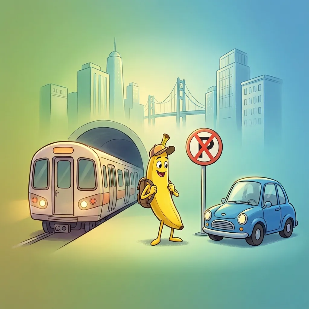 지하철과 자동차, 주차 표지판을 비교하는 디즈니 스타일 나노바나나 캐릭터