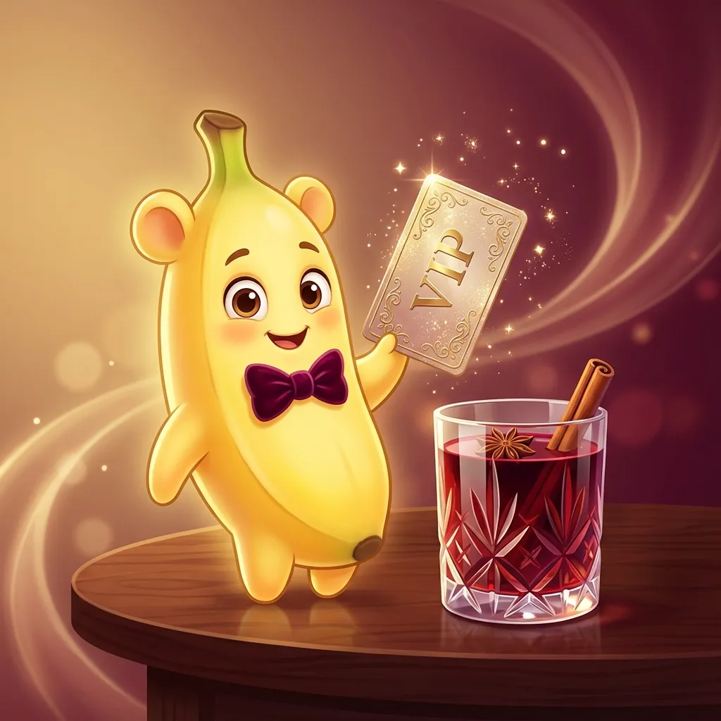 반짝이는 VIP 패스 카드와 뱅쇼 한 잔을 나타내는 디즈니 스타일 나노바나나 캐릭터