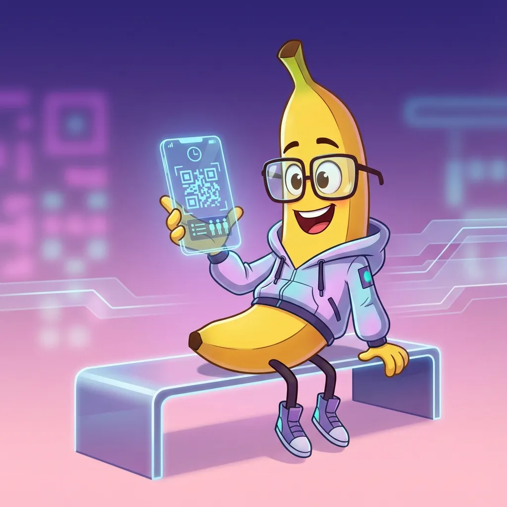 QR 코드가 표시된 스마트폰과 대기열 심볼이 있는 디즈니 스타일 나노바나나 캐릭터