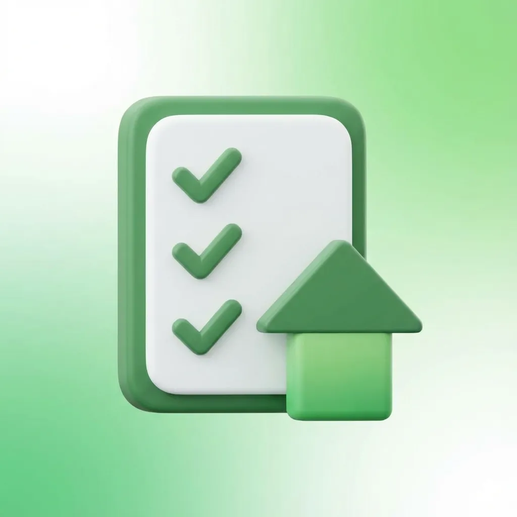 체크리스트와 집 모양이 결합된 3D 미니멀 아이콘으로 대출 점검 사항을 표현한 이미지