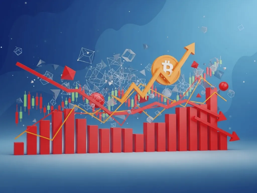 시장 반응을 보여주는 3D 차트 시각화, 빨간색 하향 추세를 보이는 주식 시장 지표와 주황색 상승 화살표가 있는 비트코인 심볼, 변동성을 나타내는 기하학적 형태