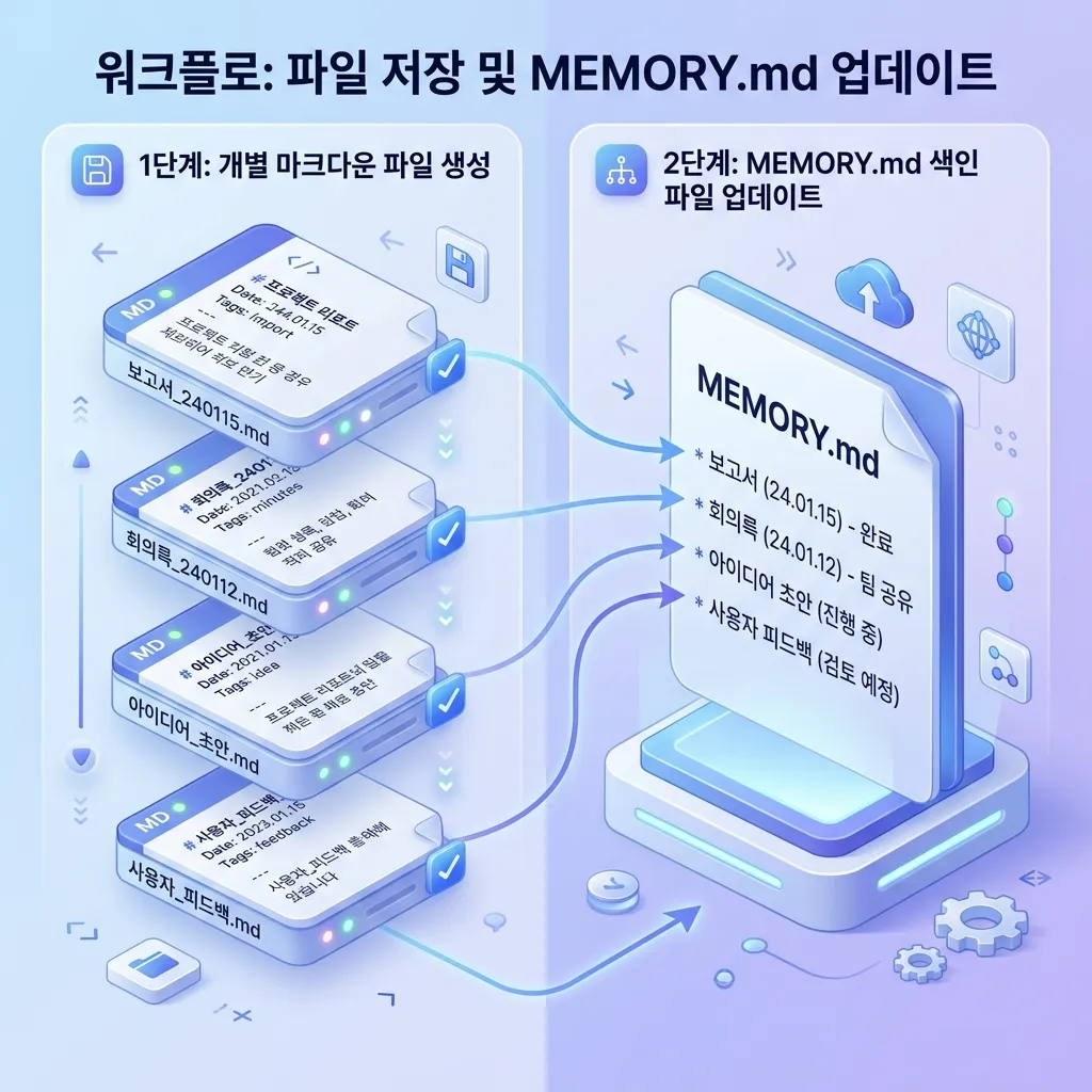 Claude Code Memory 두 단계 저장 워크플로우 - 개별 마크다운 파일과 MEMORY.md 인덱스가 화살표로 연결된 2단계 저장 흐름 인포그래픽