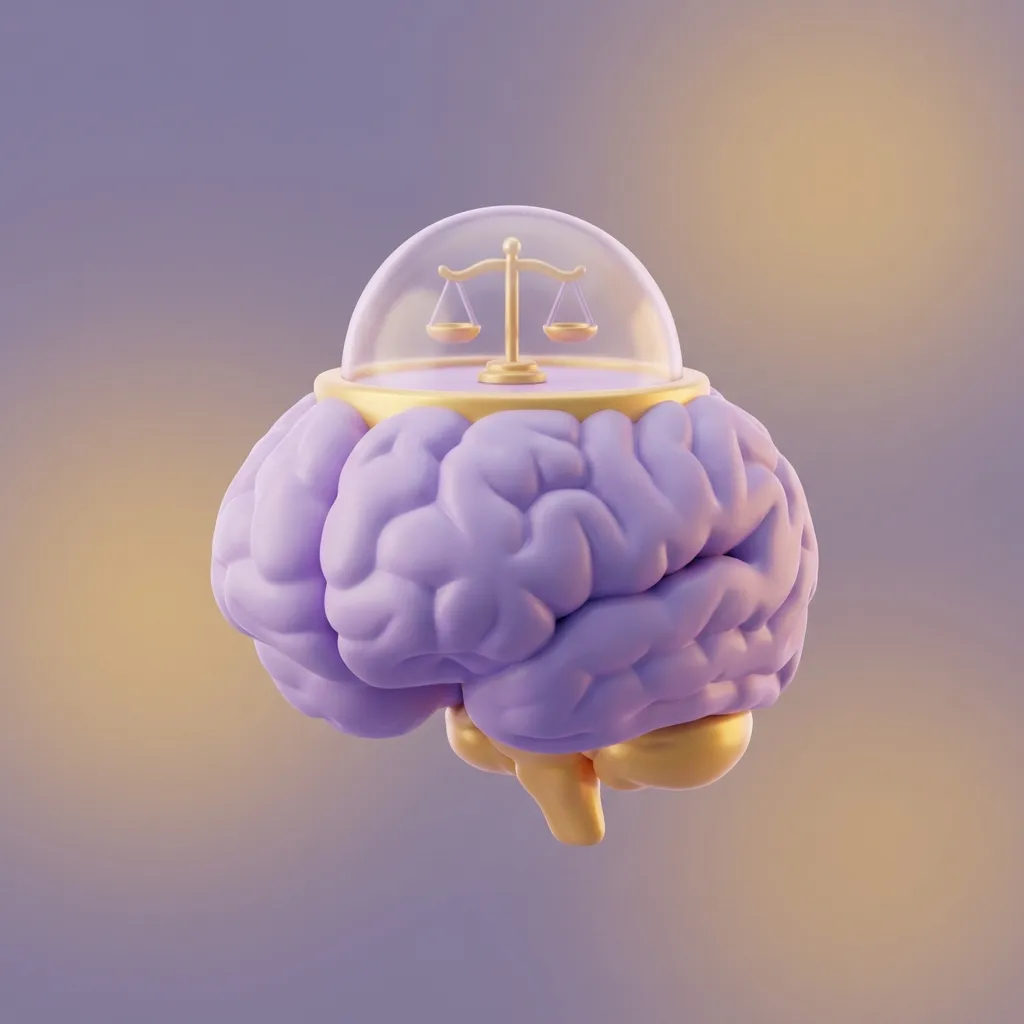 투자에서의 감정 조절을 나타내는 뇌 안의 균형 저울 3D 스타일 일러스트