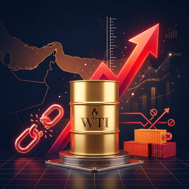 WTI 국제유가 급등 개념을 보여주는 3D 인포그래픽, 호르무즈 해협 지도와 함께 원유 배럴에서 뻗어나가는 상승 화살표와 공급망 단절 아이콘