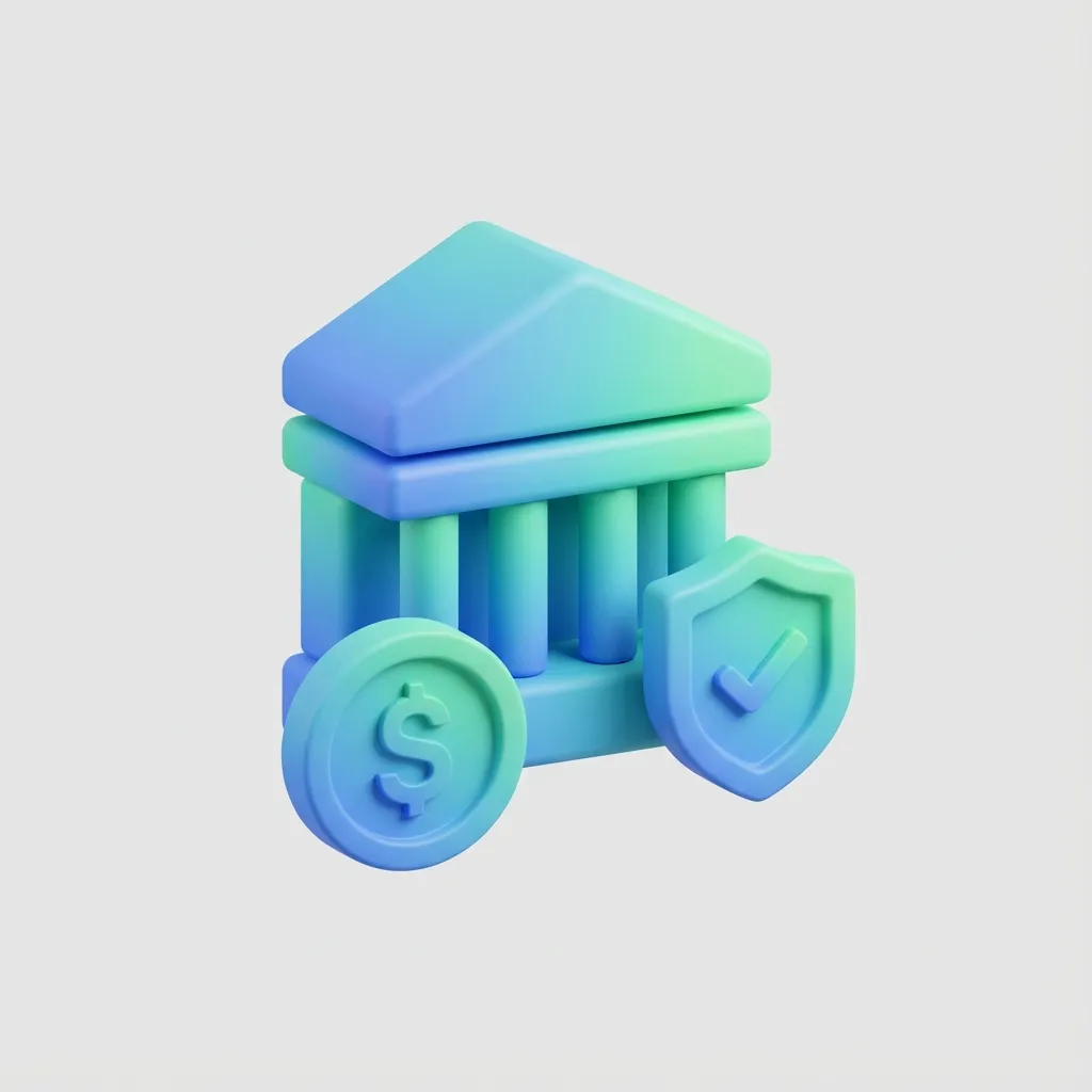 정부 건물과 돈, 방패 모양이 결합된 3D 미니멀 아이콘으로 정책대출을 표현한 이미지