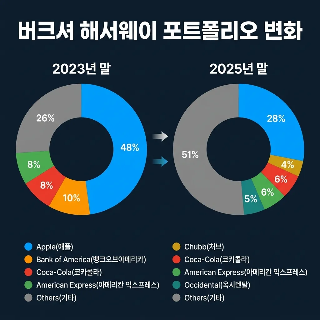 버크셔 해서웨이 포트폴리오 비중 변화 인포그래픽 - 2023년 말과 2025년 말 비교