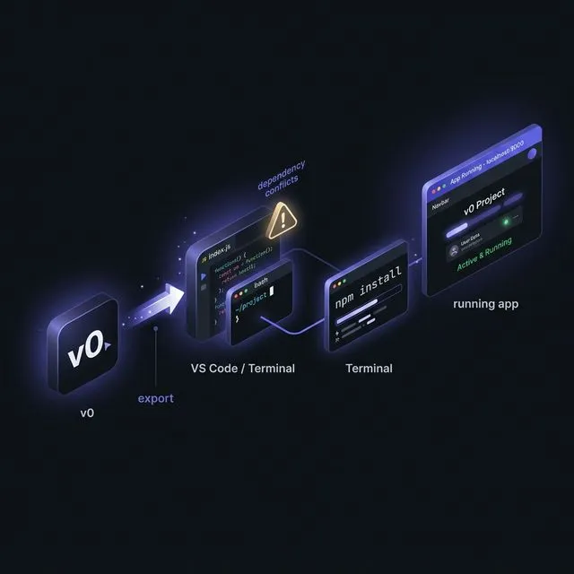 v0 생성 코드를 로컬 프로젝트에 적용하는 워크플로를 시각화한 심플 3D 아이콘