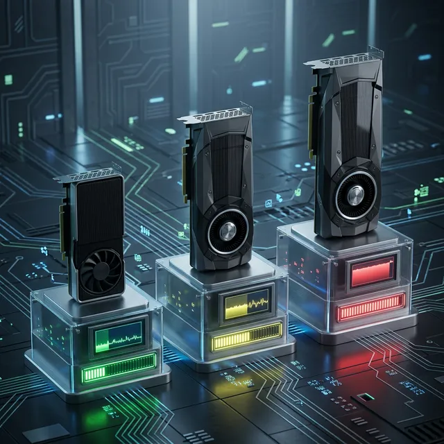GPU VRAM 티어별 AI 모델 구동 가능 여부를 보여주는 3D 일러스트, 세 단계 크기의 GPU가 각각 녹색/노란색/빨간색 프로그레스 바 위에 배치된 모습
