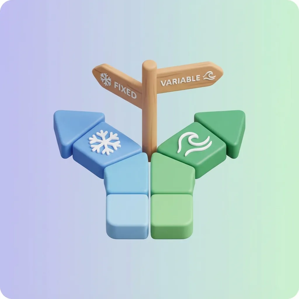 고정금리와 변동금리를 상징하는 두 갈래 길이 나뉘는 교차로 3D 아이콘