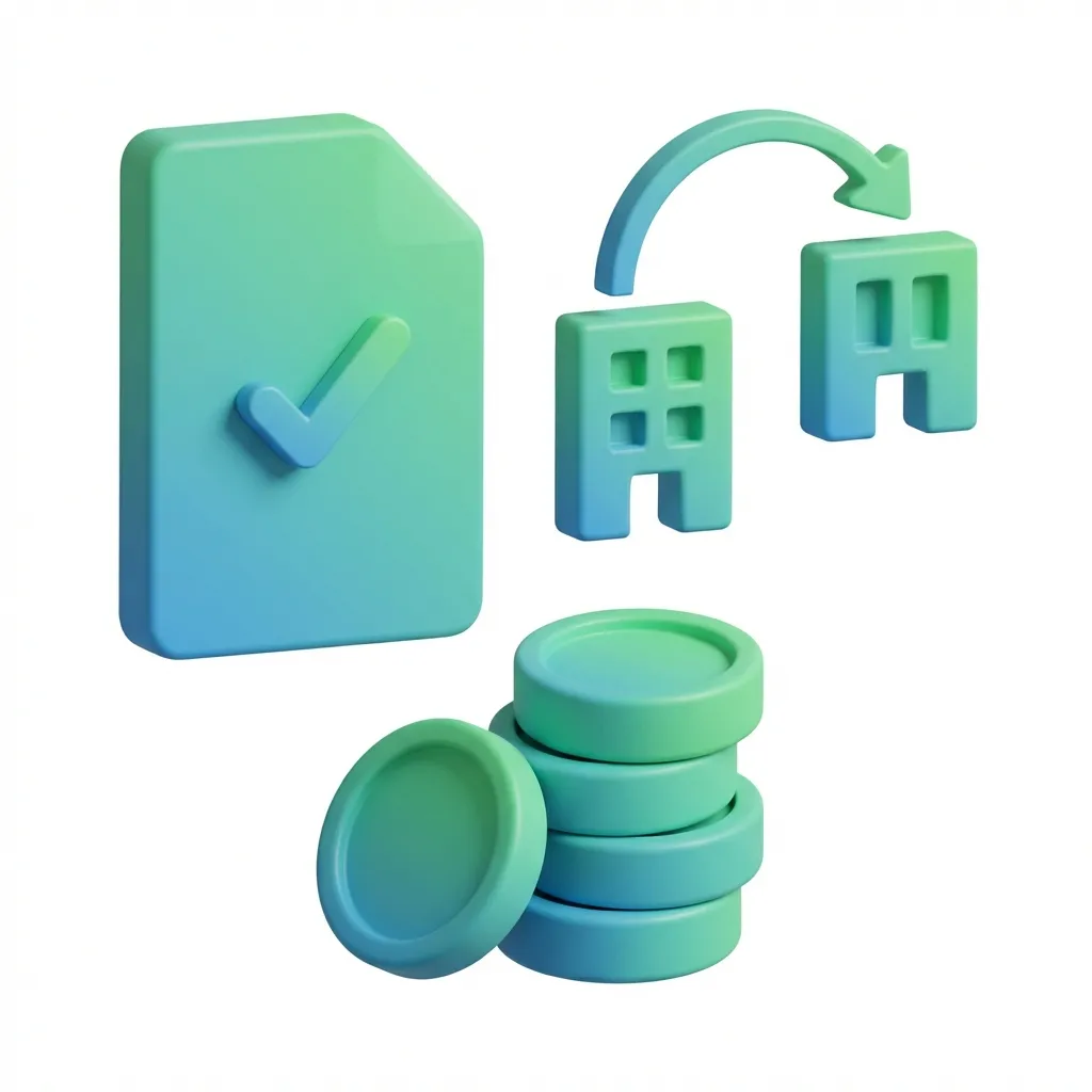 두 회사 건물이 화살표로 연결되고 세금 서류에 체크 표시