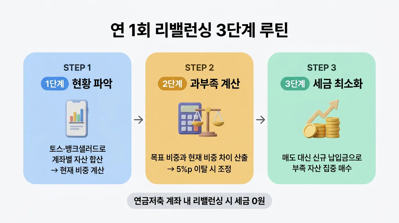 연 1회 리밸런싱 3단계 루틴 인포그래픽