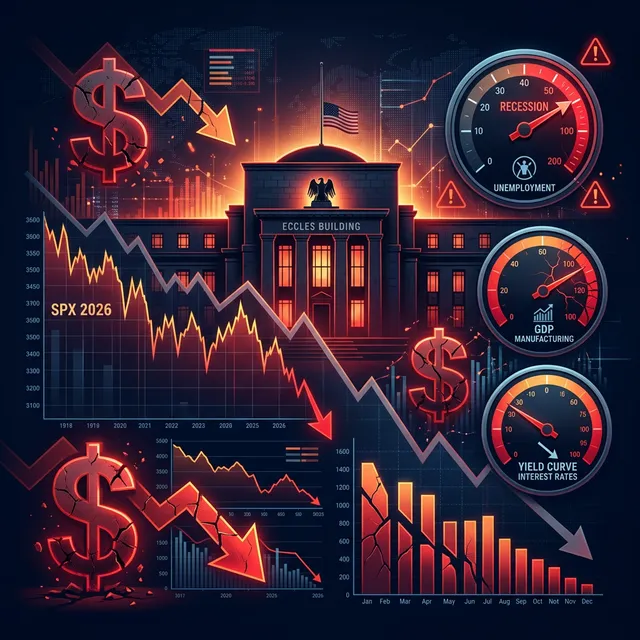 2026년 미국 경기침체 신호를 보여주는 경제 지표 대시보드와 연방준비제도 건물 실루엣, 하락하는 주가 차트와 경고 게이지