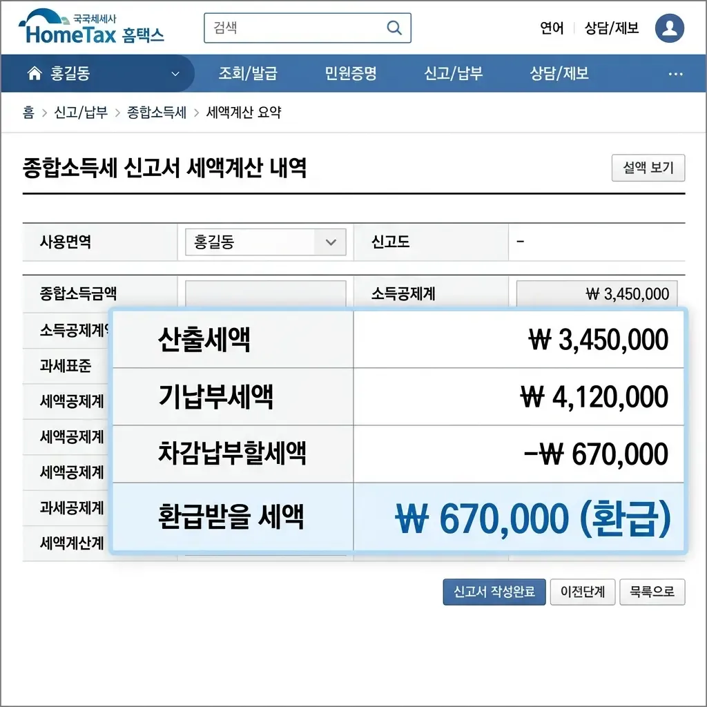 홈택스 종합소득세 신고 세액계산 결과 화면에서 마이너스(-)로 표시된 환급 세액 확인