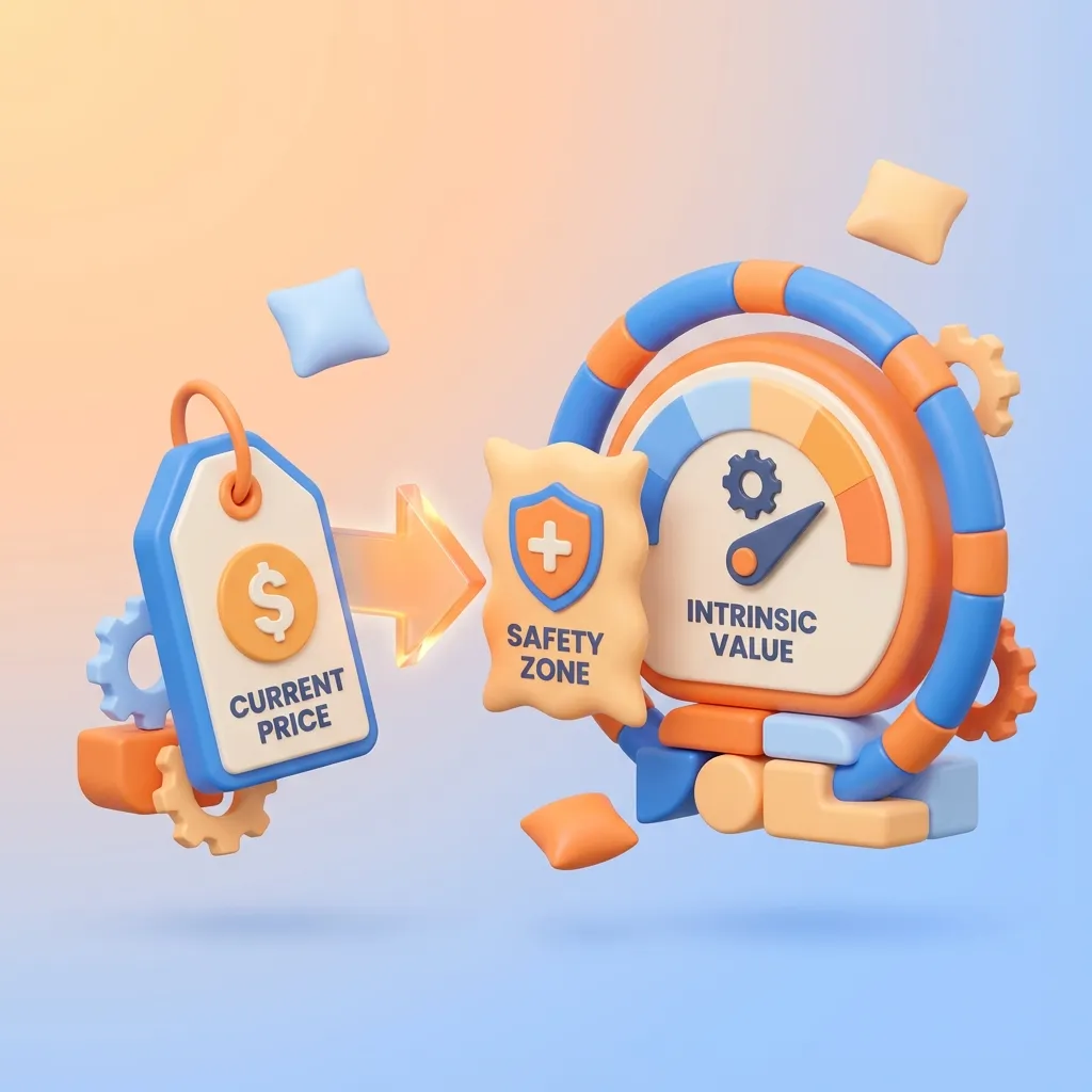현재 가격과 내재가치 사이의 안전마진 구간을 보여주는 3D 스타일 일러스트