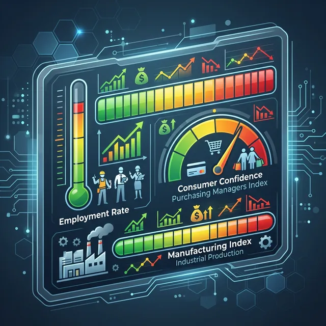 경제 핵심 지표를 건강 진단표처럼 시각화한 인포그래픽, 고용률·소비자 심리·제조업 지수가 녹색에서 빨간색으로 변화하는 게이지