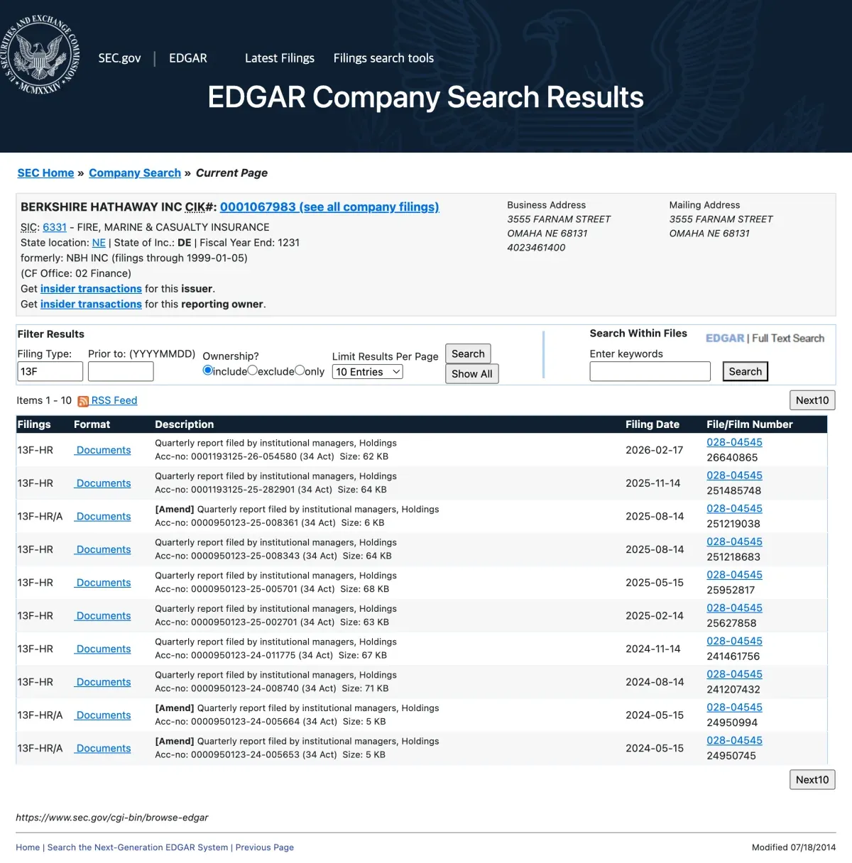 SEC EDGAR에서 확인한 버크셔 해서웨이 13F 공시 목록 화면