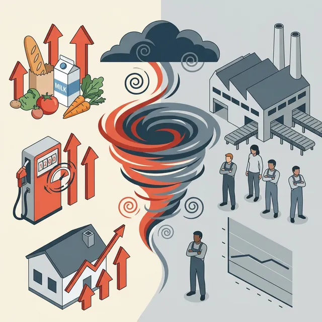 스태그플레이션 개념 인포그래픽, 왼쪽은 물가 상승(식료품, 주유소, 주택 가격 상승), 오른쪽은 경기 침체(텅 빈 공장, 실업자), 가운데에서 두 상황이 소용돌이처럼 만남