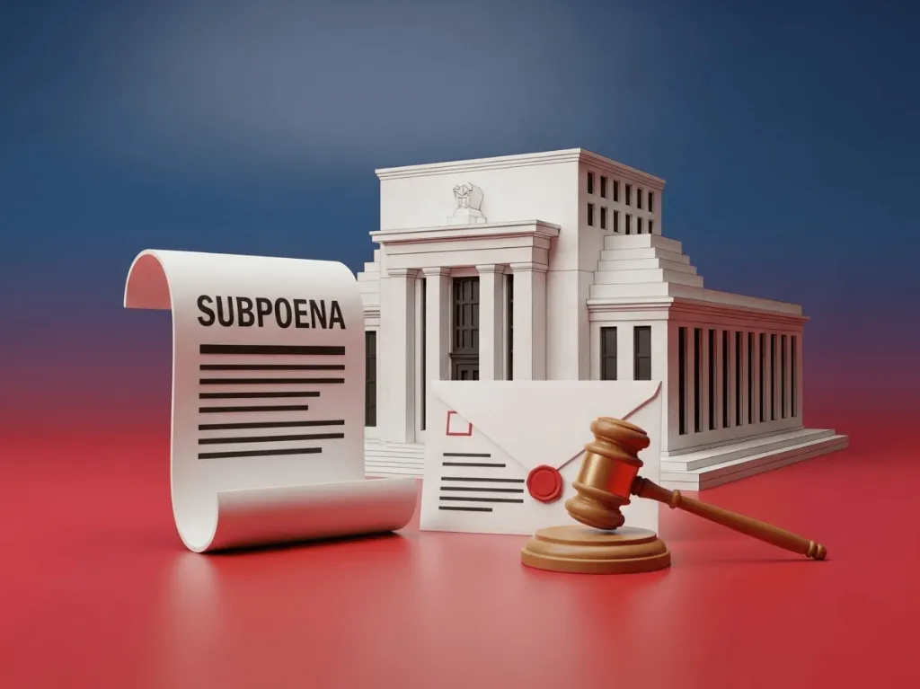 소환장 문서와 연준 건물을 형상화한 3D 아이콘, 파란색에서 빨간색으로 변하는 그라데이션 배경에 공식적인 봉투와 망치가 배치되어 긴장감 있는 분위기를 연출