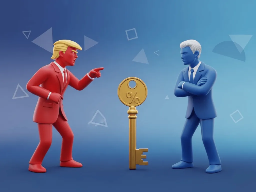 트럼프와 파월의 대립을 상징하는 3D 일러스트, 공격적으로 손가락을 가리키는 빨간색 인물과 방어적으로 서 있는 파란색 인물 사이에 금리를 상징하는 황금 열쇠가 배치됨