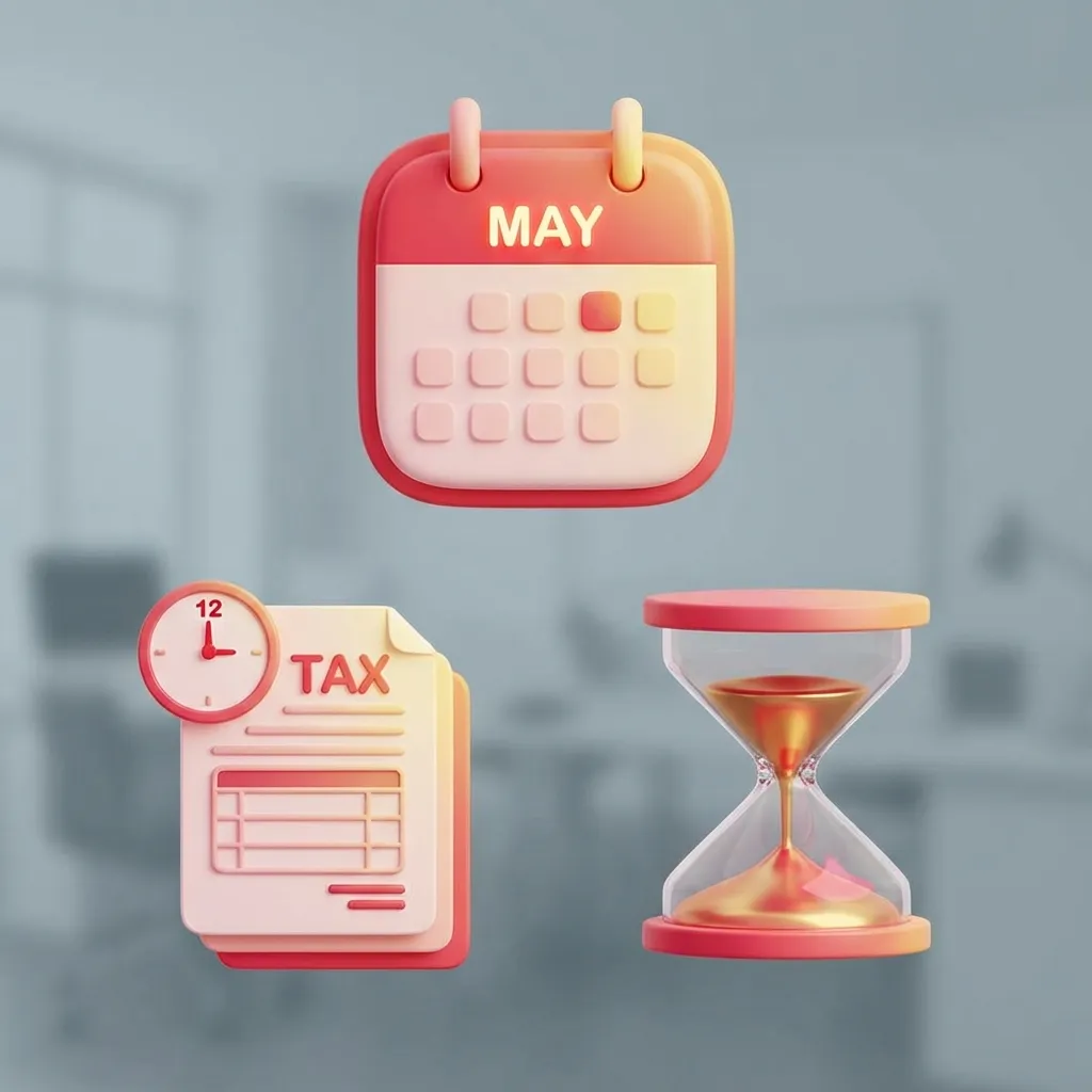 5월 달력이 강조되고 마감 시계와 모래시계