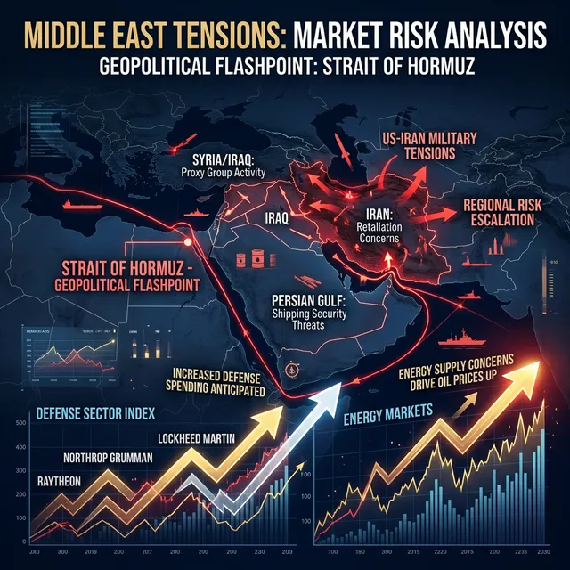 미국-이란 군사 충돌로 인한 중동 지정학적 리스크 분석 인포그래픽, 호르무즈 해협 주변의 방산주 수혜 구조를 보여주는 시각화