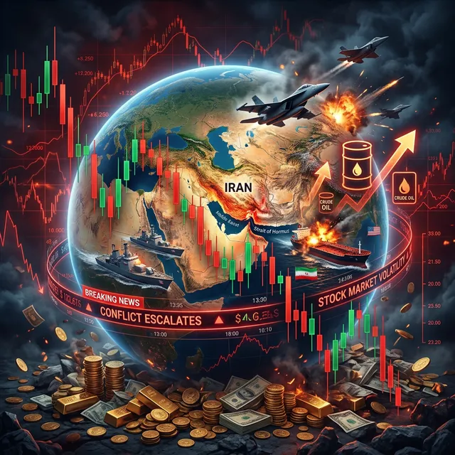 미국 이란 지정학적 충돌이 글로벌 증시에 미치는 영향을 보여주는 인포그래픽, 중동 지역이 확대된 지구본 위에 주가 차트와 원유 배럴이 겹쳐진 시각화