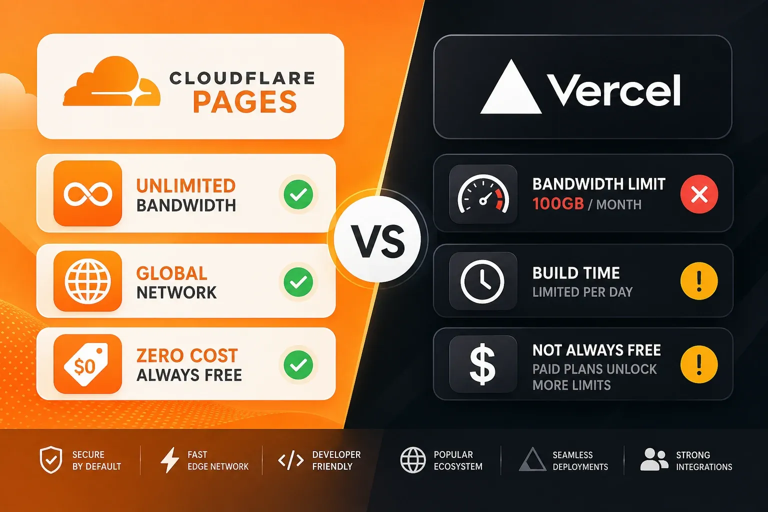 Cloudflare Pages vs Vercel 비교 인포그래픽 — 왼쪽 오렌지 Cloudflare는 무제한 대역폭·글로벌 네트워크·0원 비용, 오른쪽 다크 Vercel은 100GB 대역폭 한도·빌드 제한 표시