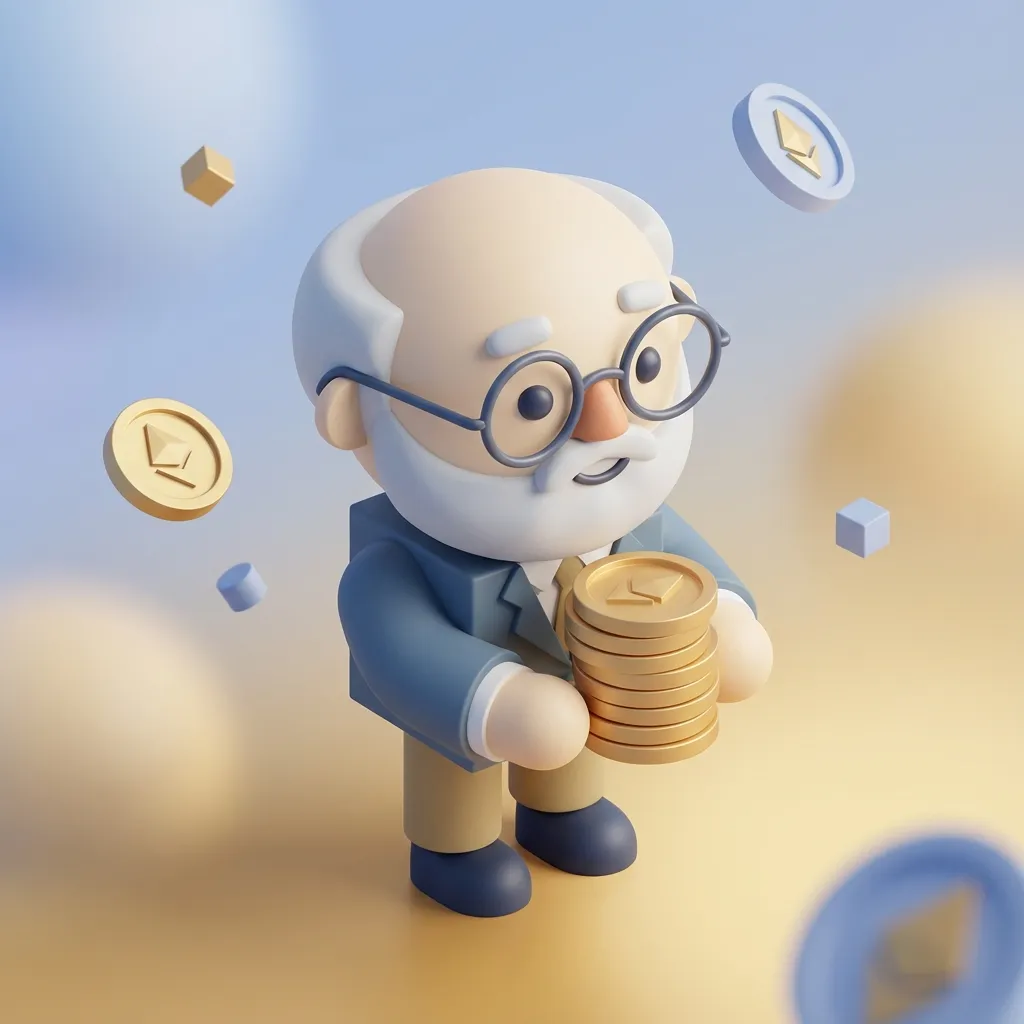 안경을 쓴 현명한 투자자가 황금 동전을 들고 있는 3D 캐릭터 디자인 이미지